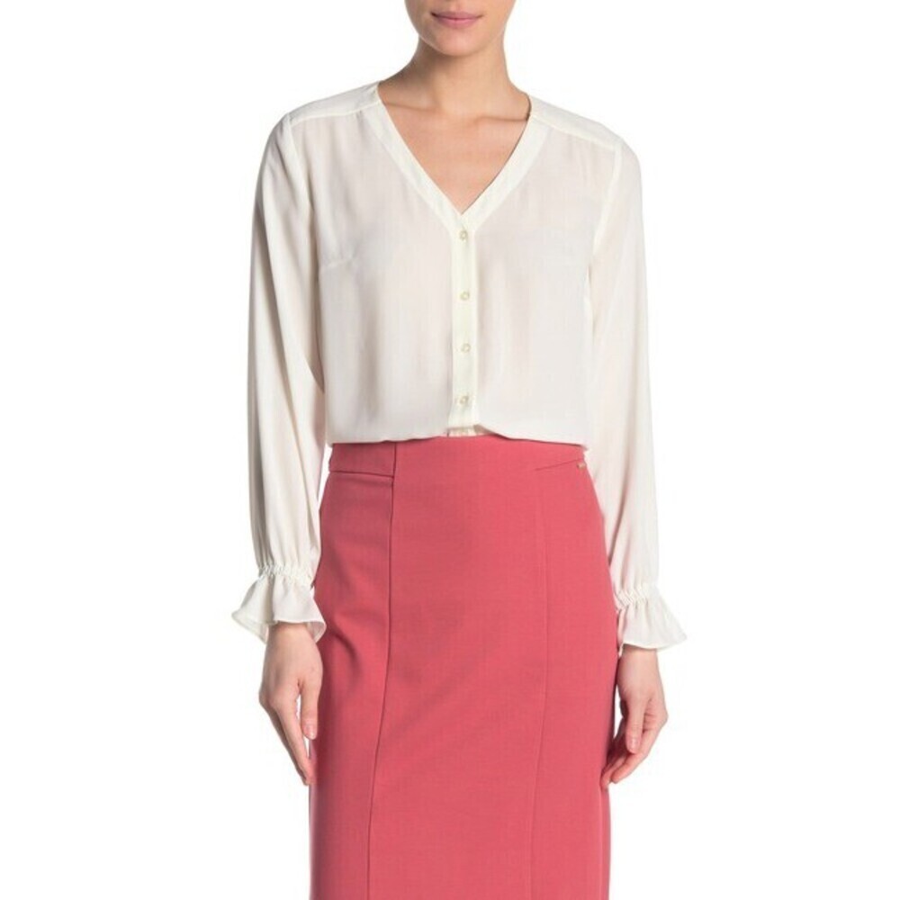 T Tahari Women's Button Front Long Sleeve Blouse $129 size S in ivory
